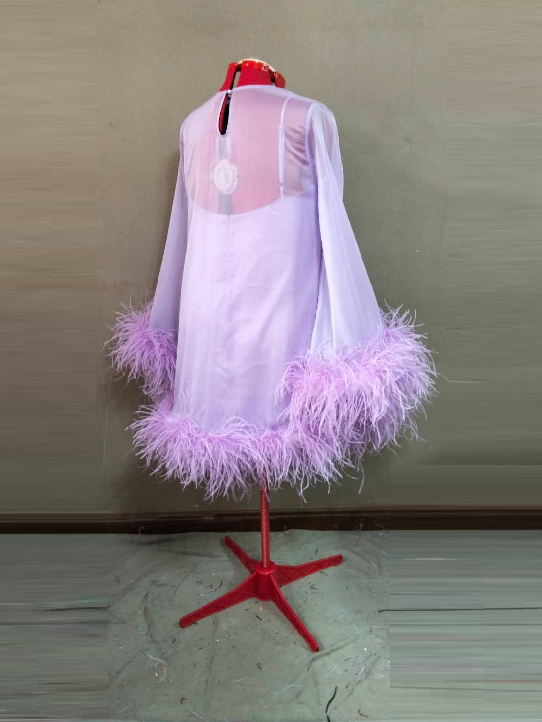 MARAYA Jewel Neck Bell Long sleeve mini Feather dress