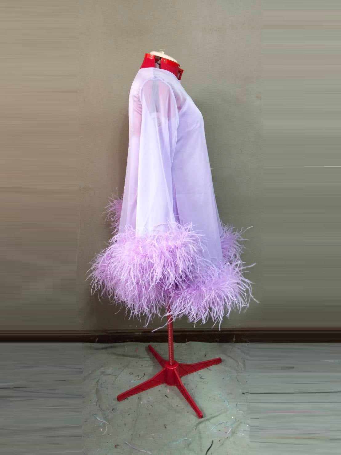 MARAYA Jewel Neck Bell Long sleeve mini Feather dress