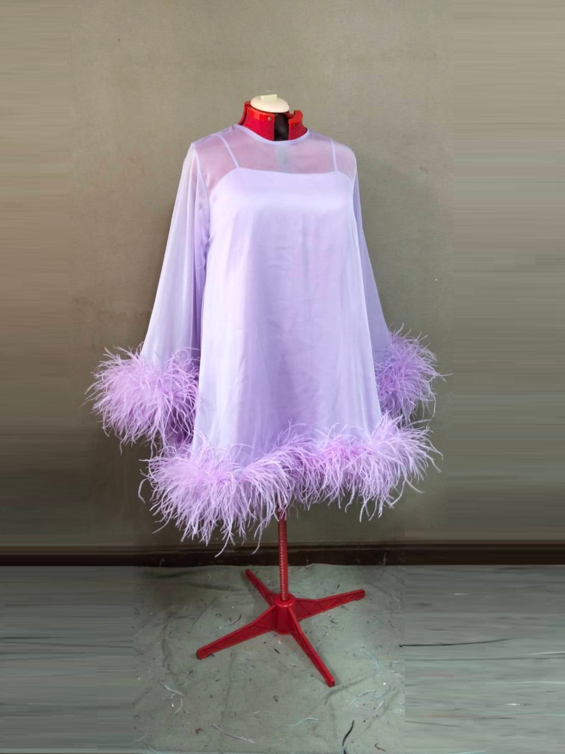 MARAYA Jewel Neck Bell Long sleeve mini Feather dress