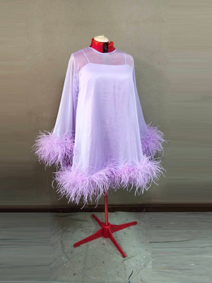 MARAYA Jewel Neck Bell Long sleeve mini Feather dress