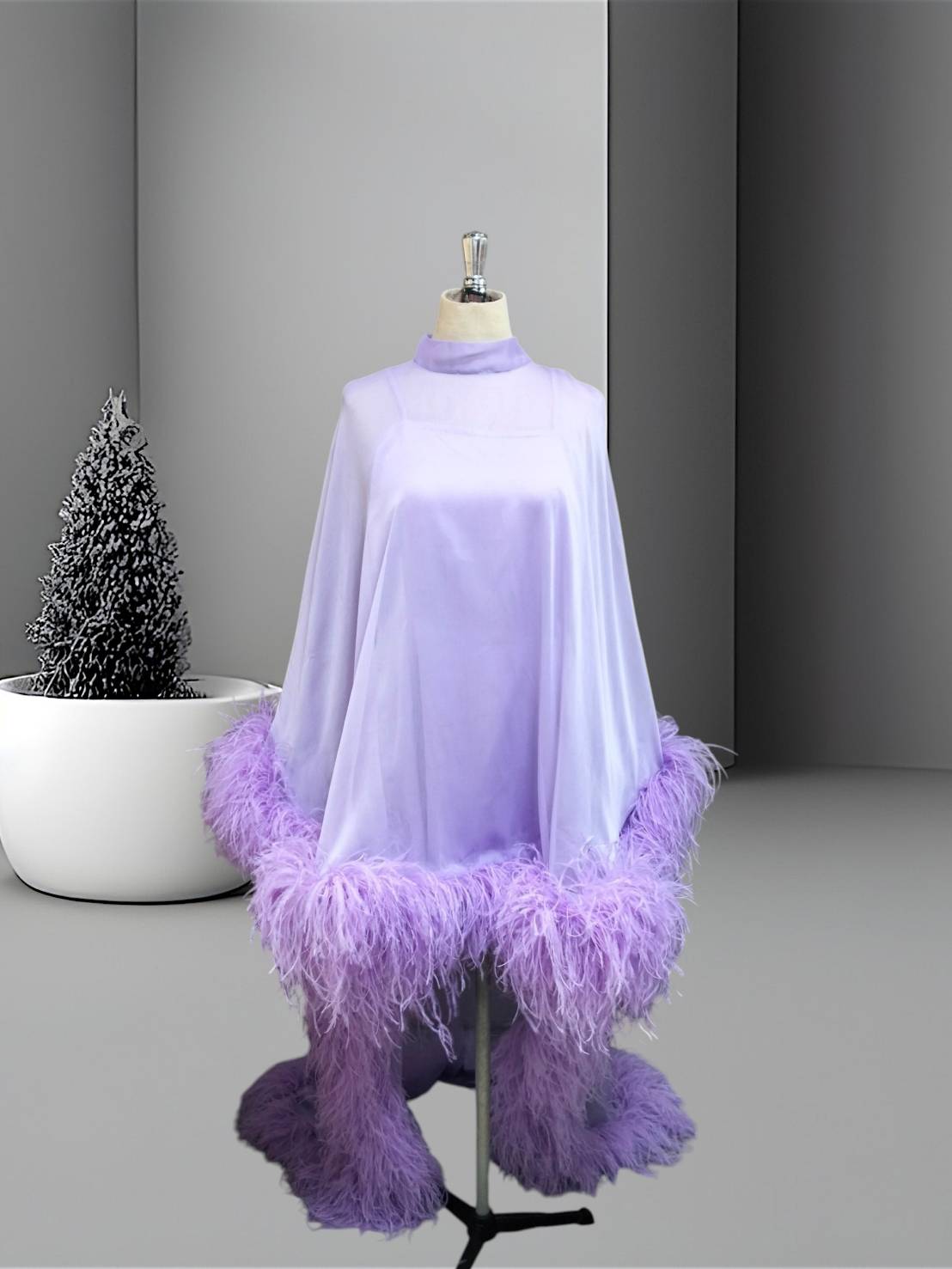 MARAYA Lavender High Neck Flowing Ostrich Feather -Accented Evening Dress
