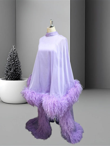 MARAYA Lavender High Neck Flowing Ostrich Feather -Accented Evening Dress