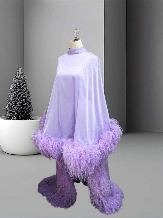 MARAYA Lavender High Neck Flowing Ostrich Feather -Accented Evening Dress