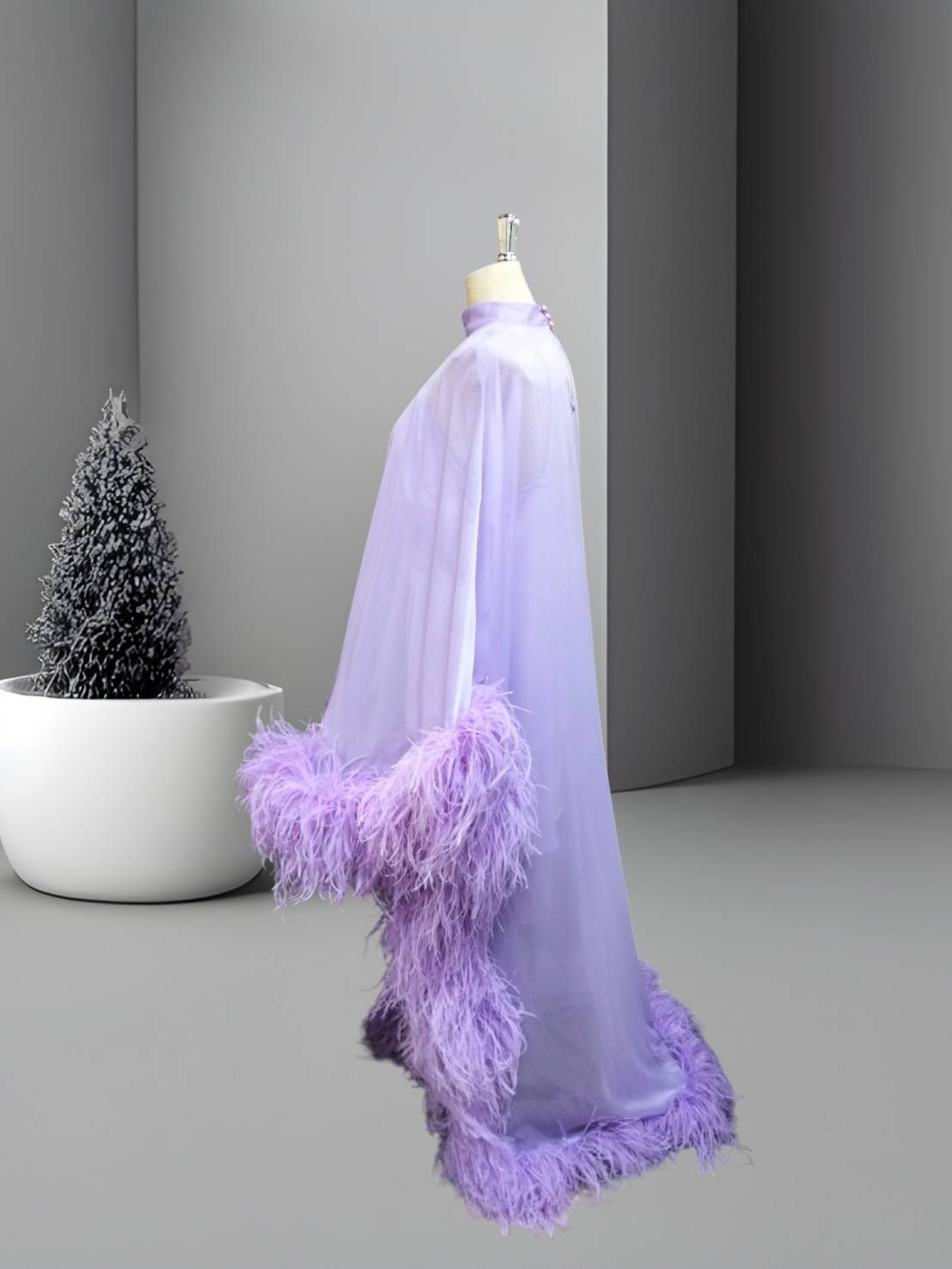 MARAYA Lavender High Neck Flowing Ostrich Feather -Accented Evening Dress