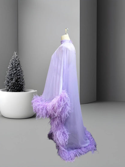 MARAYA Lavender High Neck Flowing Ostrich Feather -Accented Evening Dress