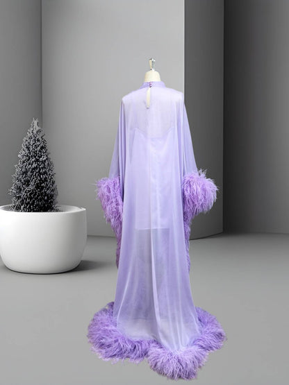 MARAYA Lavender High Neck Flowing Ostrich Feather -Accented Evening Dress