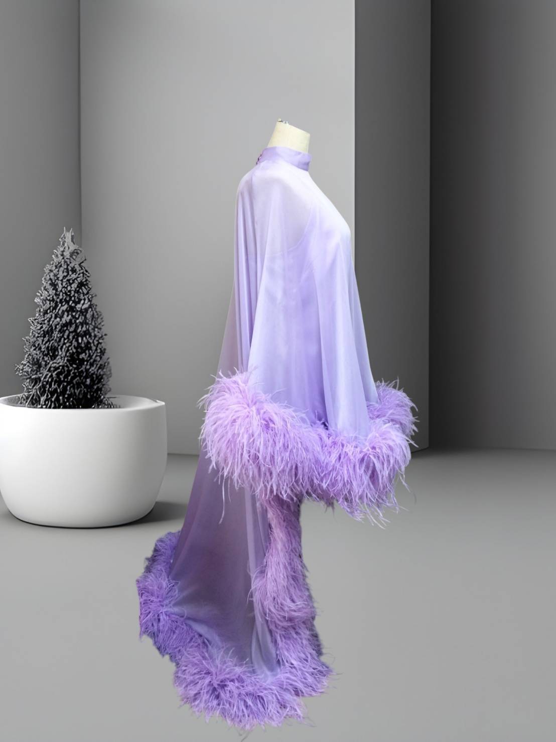 MARAYA Lavender High Neck Flowing Ostrich Feather -Accented Evening Dress