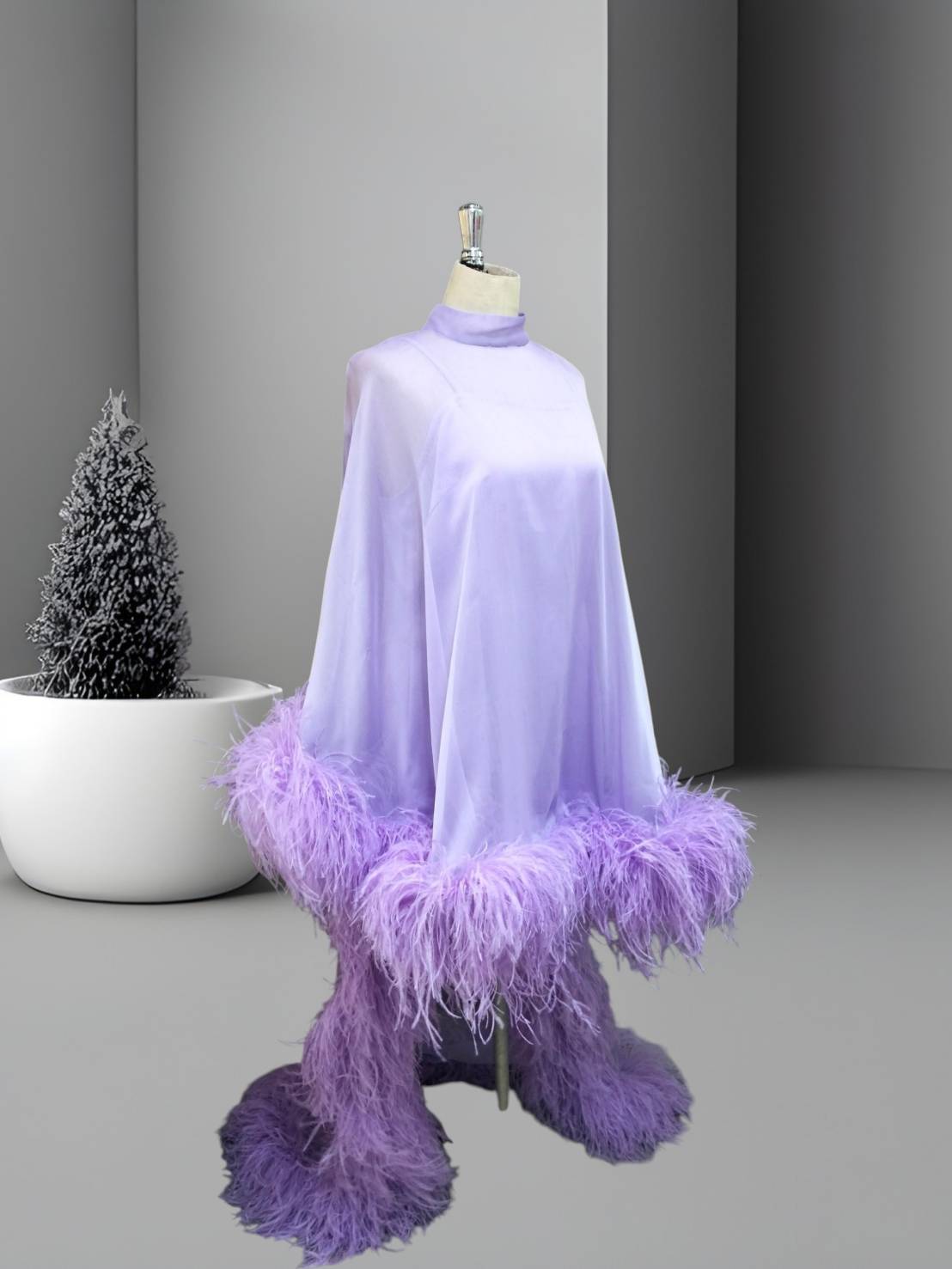 MARAYA Lavender High Neck Flowing Ostrich Feather -Accented Evening Dress