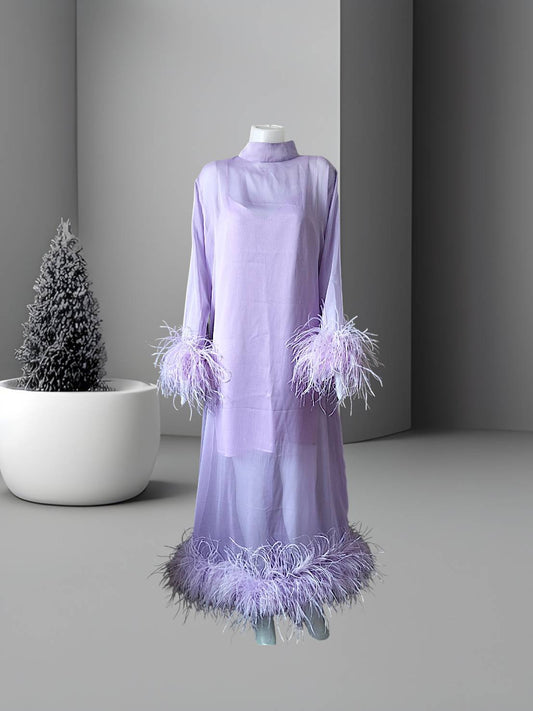 MARAYA Lavender Long sleeve midi Feather dress