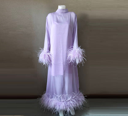 MARAYA Lavender Long sleeve midi Feather dress