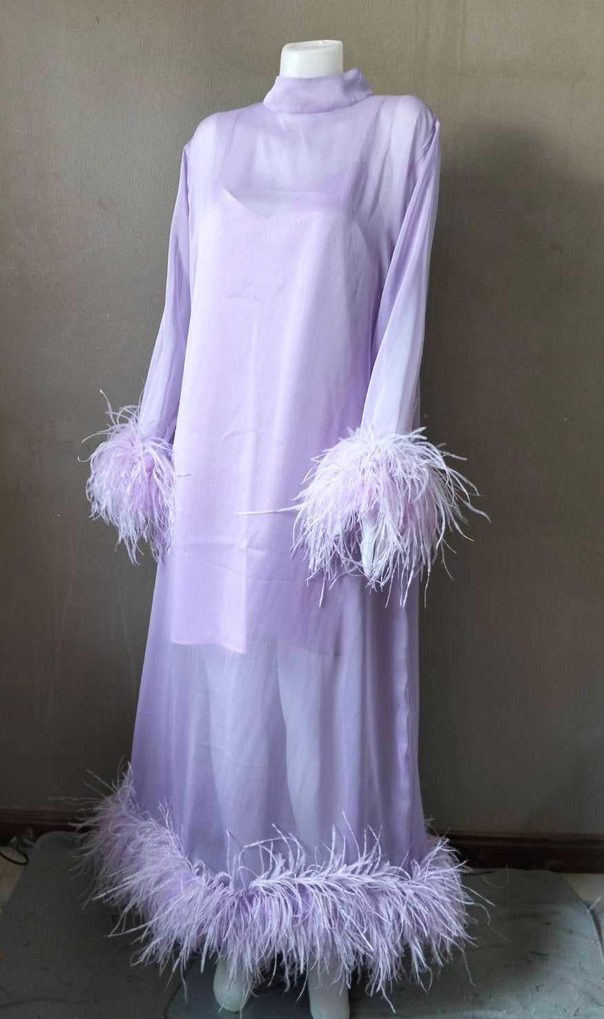 MARAYA Lavender Long sleeve midi Feather dress