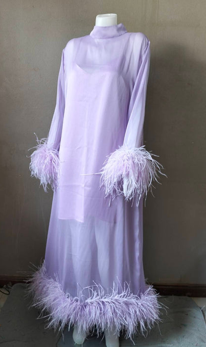 MARAYA Lavender Long sleeve midi Feather dress