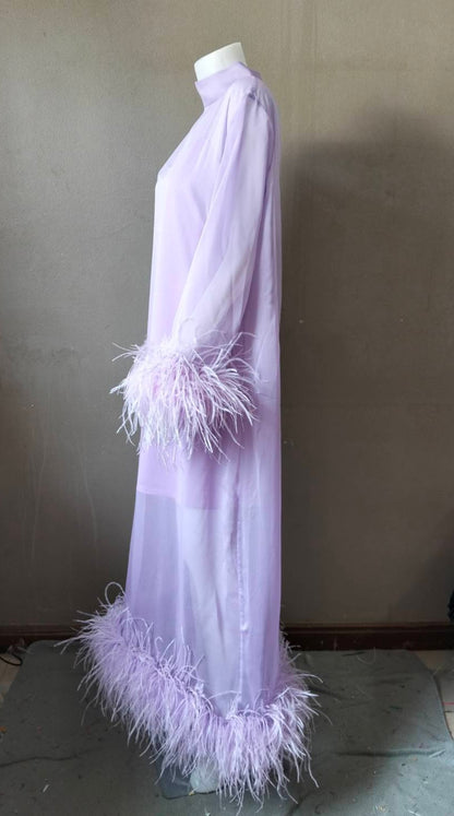 MARAYA Lavender Long sleeve midi Feather dress