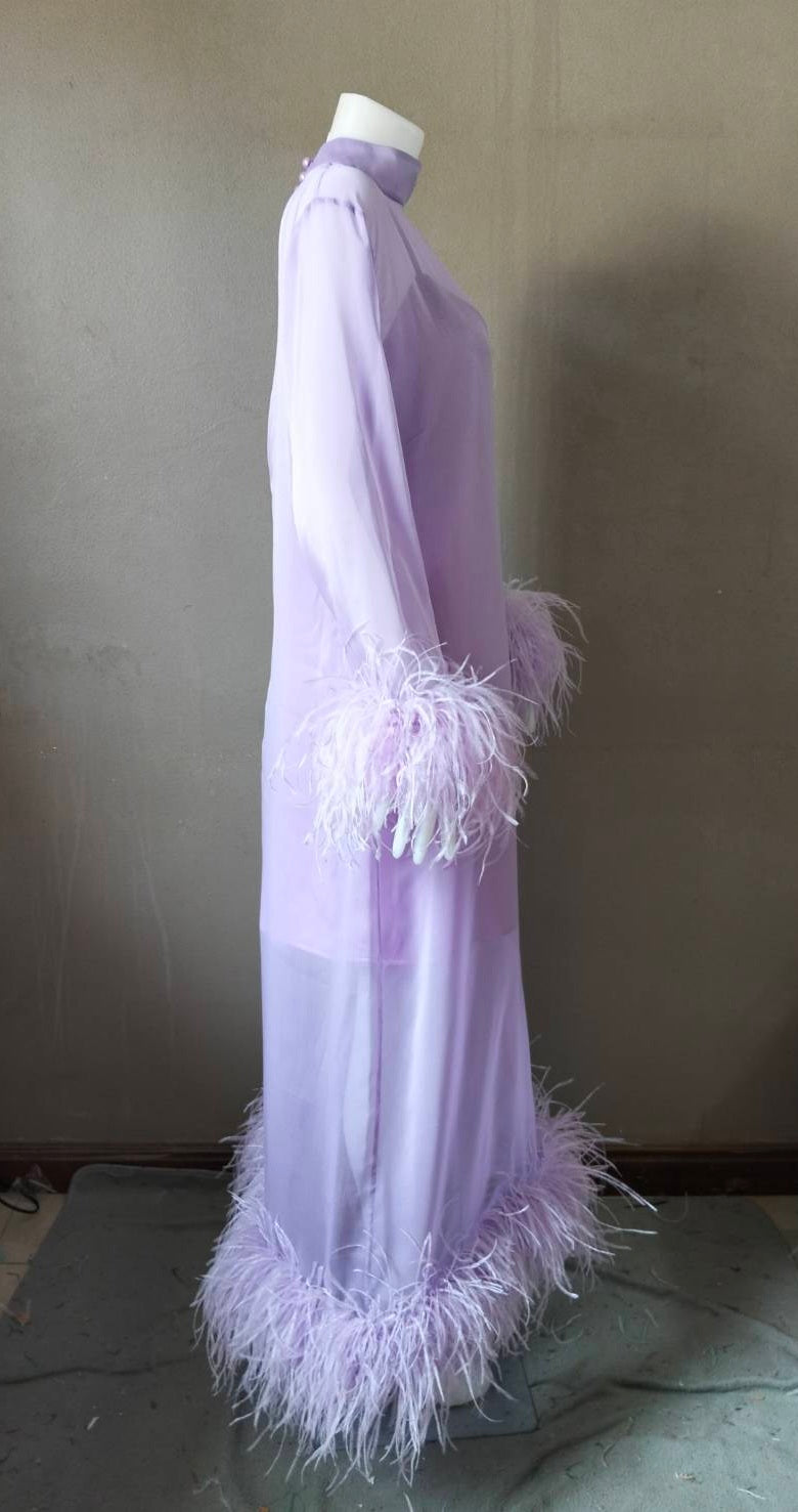 MARAYA Lavender Long sleeve midi Feather dress
