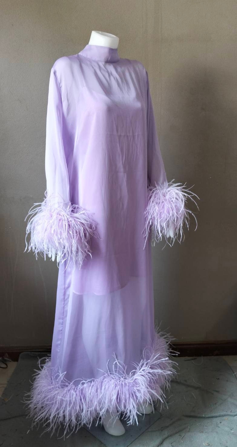 MARAYA Lavender Long sleeve midi Feather dress