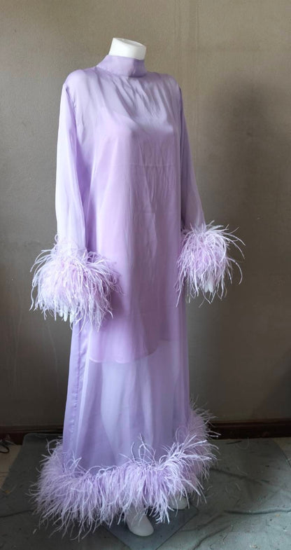 MARAYA Lavender Long sleeve midi Feather dress