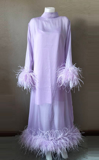 MARAYA Lavender Long sleeve midi Feather dress