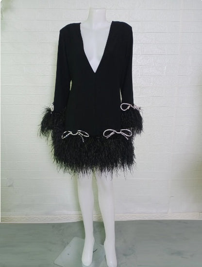 MARAYA Long sleeve Deep V-neck mini Diamond Decorate Feather dress