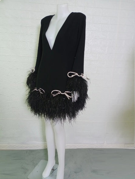 MARAYA Long sleeve Deep V-neck mini Diamond Decorate Feather dress