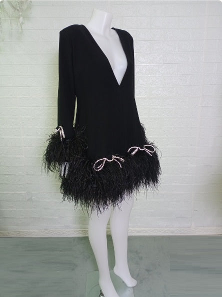 MARAYA Long sleeve Deep V-neck mini Diamond Decorate Feather dress