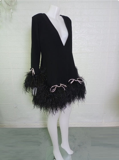 MARAYA Long sleeve Deep V-neck mini Diamond Decorate Feather dress