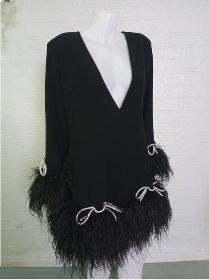 MARAYA Long sleeve Deep V-neck mini Diamond Decorate Feather dress