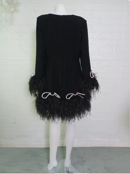 MARAYA Long sleeve Deep V-neck mini Diamond Decorate Feather dress