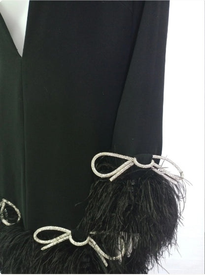 MARAYA Long sleeve Deep V-neck mini Diamond Decorate Feather dress