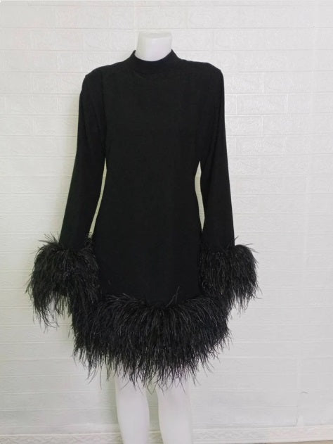 MARAYA Long sleeve High Neck Feather mini dress