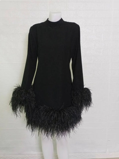 MARAYA Long sleeve High Neck Feather mini dress