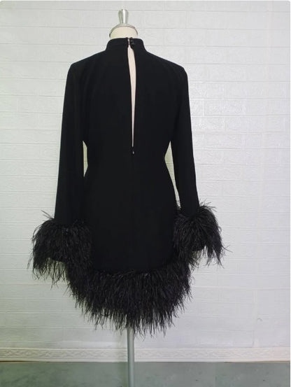 MARAYA Long sleeve High Neck Feather mini dress