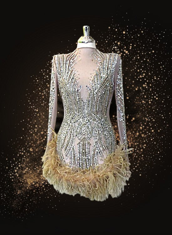 Luxury Beaded Crystal Feather Mini Dress