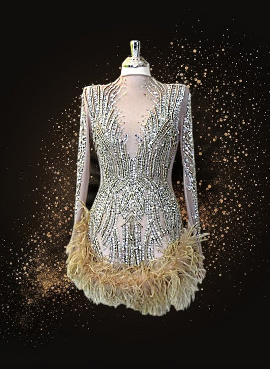 Luxury Beaded Crystal Feather Mini Dress