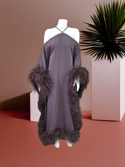 MARAYA Luxury Kaftan Dress with Ostrich Feather Trim, Halter Neck Cold Shoulder Off-The-Shoulder Abaya Gown, Glamorous Evening Party Dress