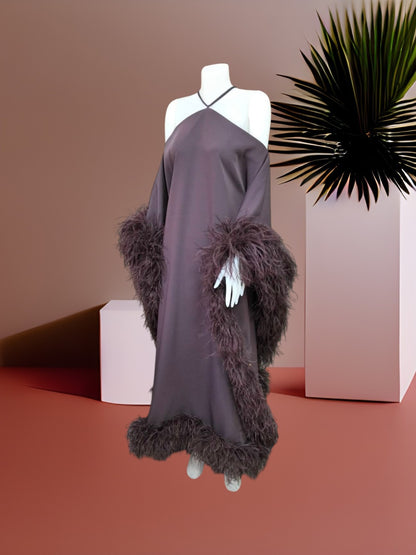 MARAYA Luxury Kaftan Dress with Ostrich Feather Trim, Halter Neck Cold Shoulder Off-The-Shoulder Abaya Gown, Glamorous Evening Party Dress