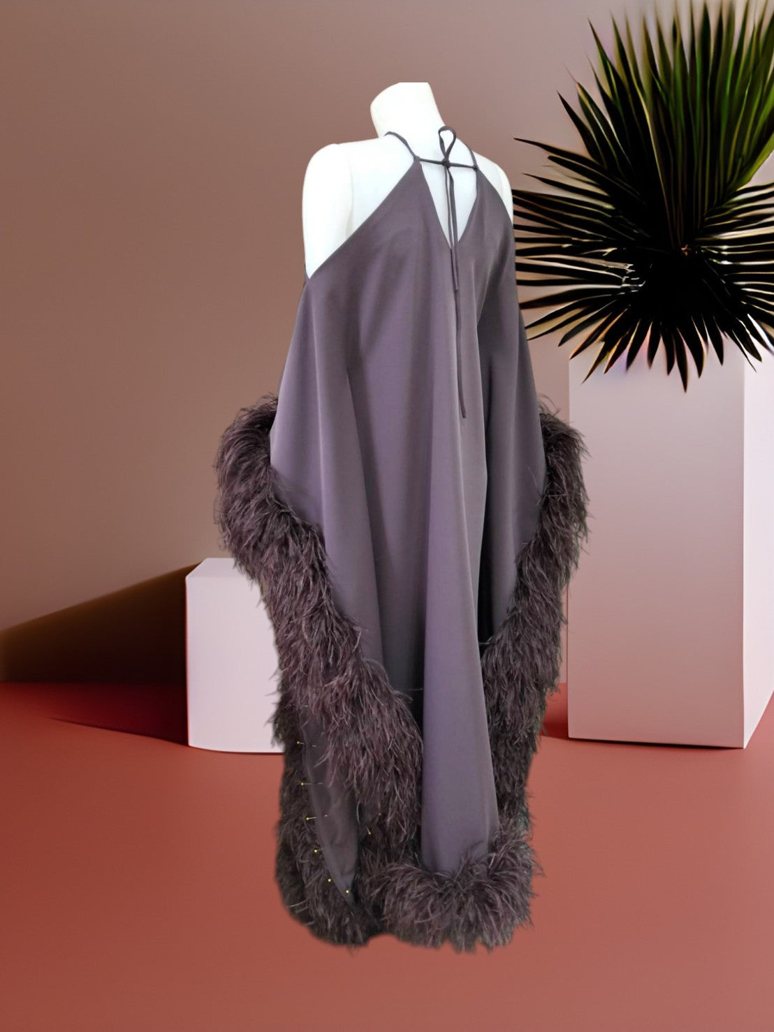 MARAYA Luxury Kaftan Dress with Ostrich Feather Trim, Halter Neck Cold Shoulder Off-The-Shoulder Abaya Gown, Glamorous Evening Party Dress