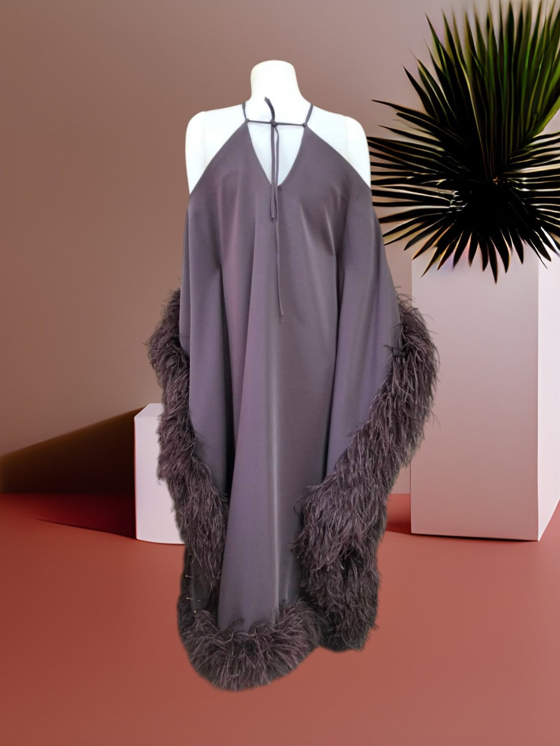 MARAYA Luxury Kaftan Dress with Ostrich Feather Trim, Halter Neck Cold Shoulder Off-The-Shoulder Abaya Gown, Glamorous Evening Party Dress
