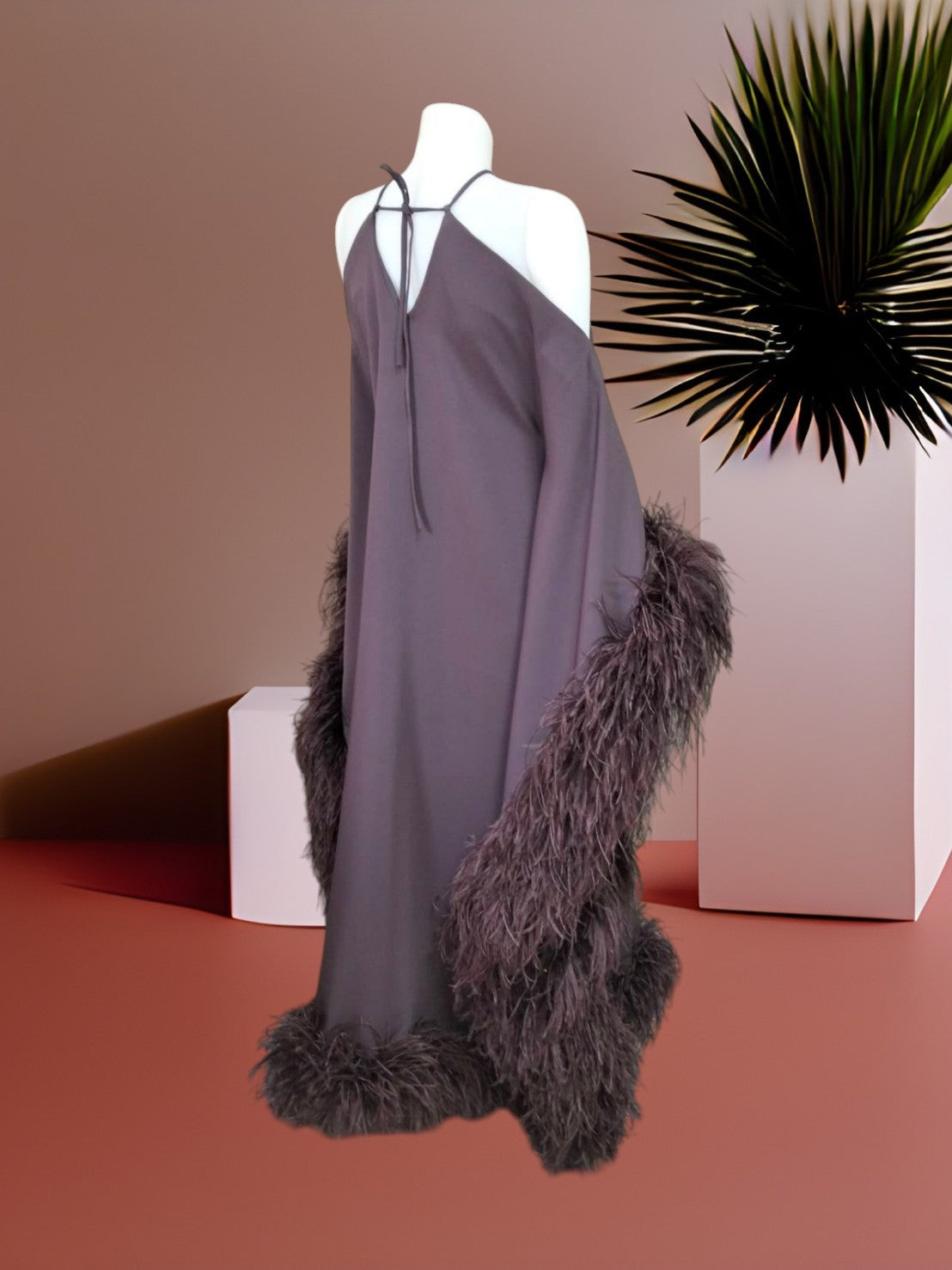 MARAYA Luxury Kaftan Dress with Ostrich Feather Trim, Halter Neck Cold Shoulder Off-The-Shoulder Abaya Gown, Glamorous Evening Party Dress