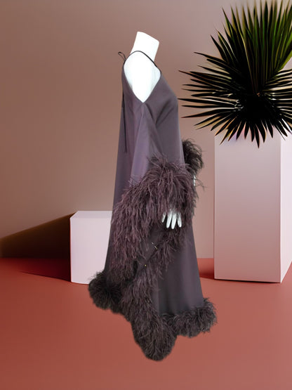 MARAYA Luxury Kaftan Dress with Ostrich Feather Trim, Halter Neck Cold Shoulder Off-The-Shoulder Abaya Gown, Glamorous Evening Party Dress