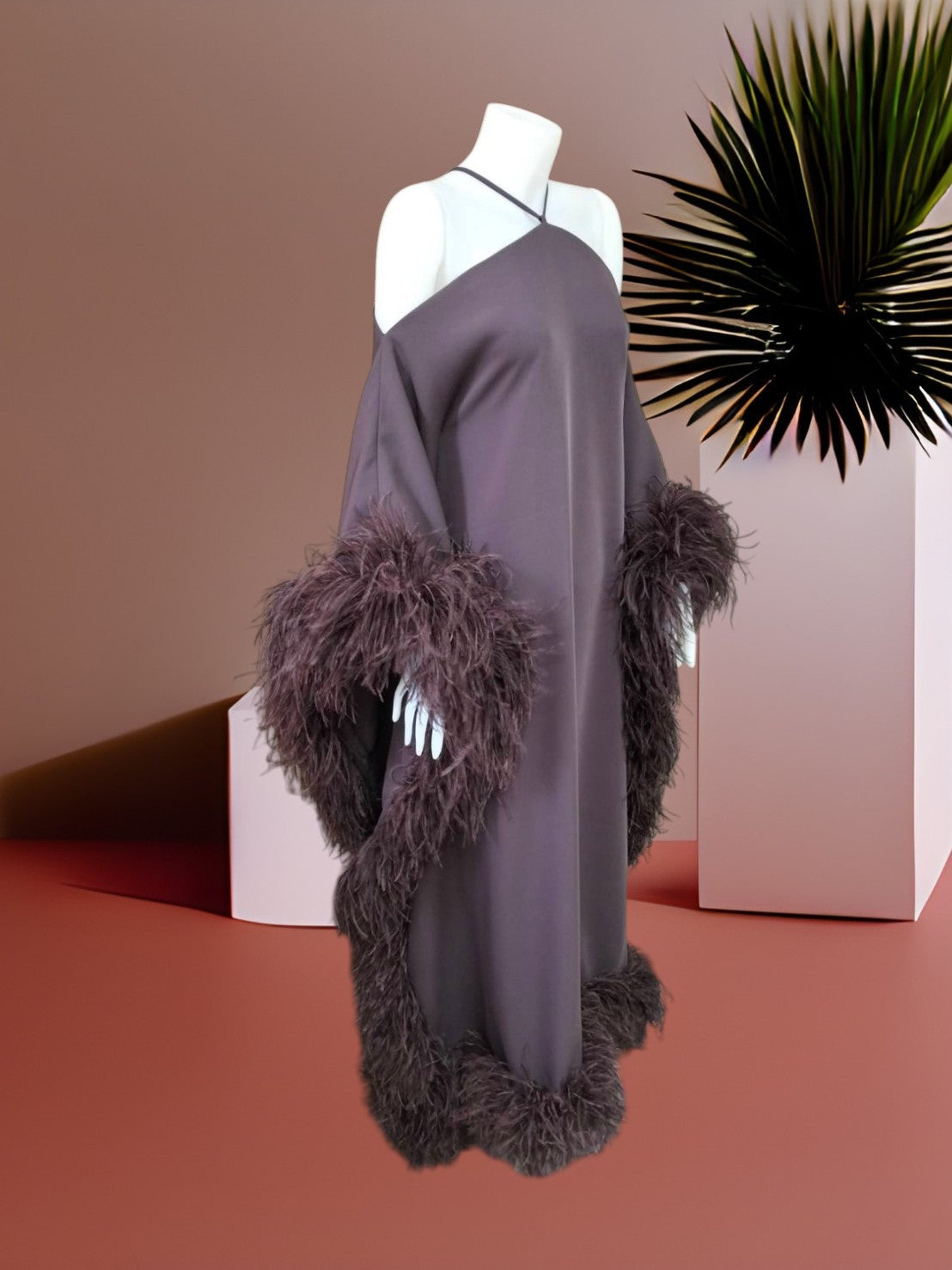 MARAYA Luxury Kaftan Dress with Ostrich Feather Trim, Halter Neck Cold Shoulder Off-The-Shoulder Abaya Gown, Glamorous Evening Party Dress