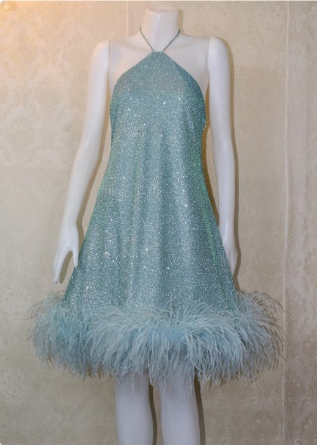 MARAYA Metallic Green Halter Neck Mini Dress