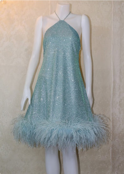 MARAYA Metallic Green Halter Neck Mini Dress