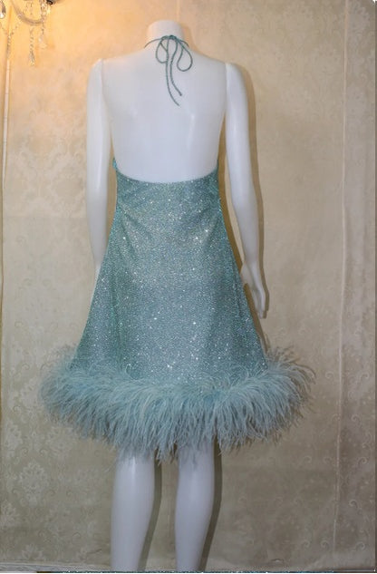 MARAYA Metallic Green Halter Neck Mini Dress