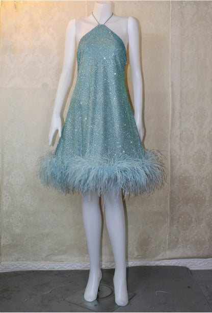 MARAYA Metallic Green Halter Neck Mini Dress