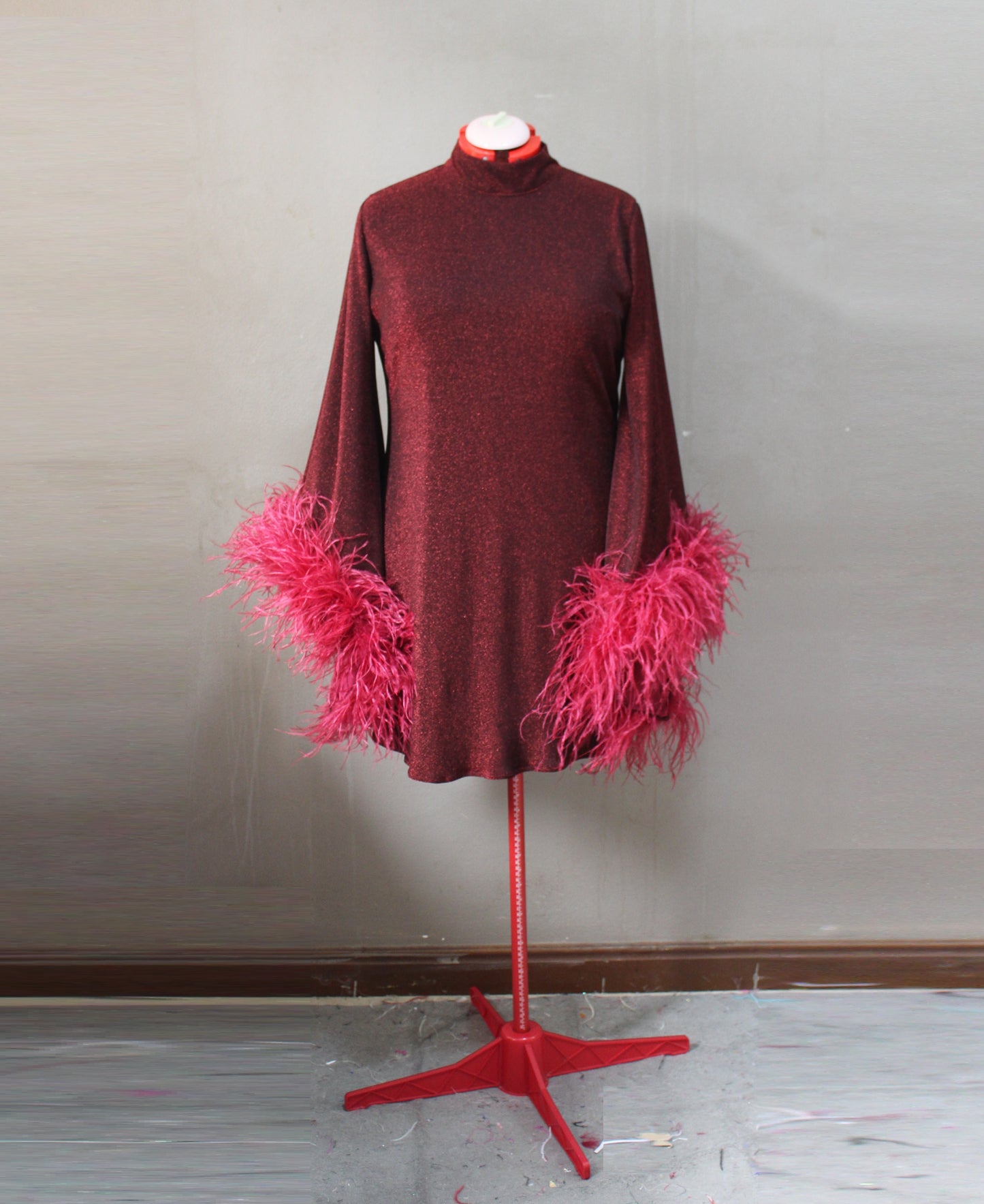 MARAYA Metallic Sparkle Bell Sleeve Feather Mini Dress (Size 0 US. - 8 US.)