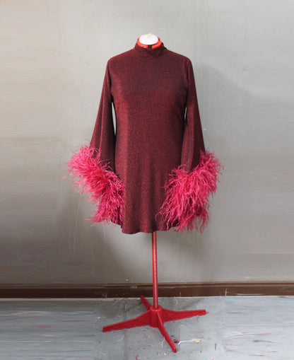 MARAYA Metallic Sparkle Bell Sleeve Feather Mini Dress (Size 0 US. - 8 US.)