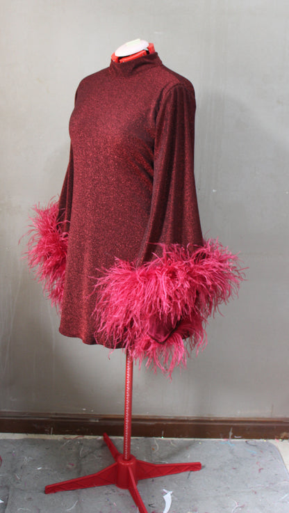 MARAYA Metallic Sparkle Bell Sleeve Feather Mini Dress (Size 0 US. - 8 US.)