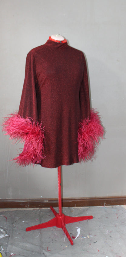 MARAYA Metallic Sparkle Bell Sleeve Feather Mini Dress (Size 0 US. - 8 US.)