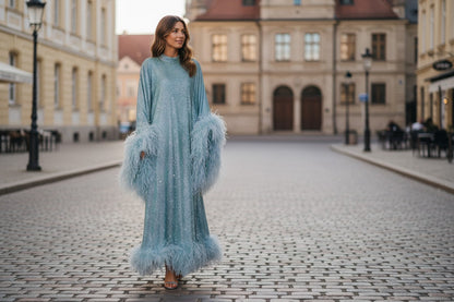 MARAYA Metallic Sparkle Bell Sleeve Feather Maxi Dress (Size 0 US. - 8 US.)