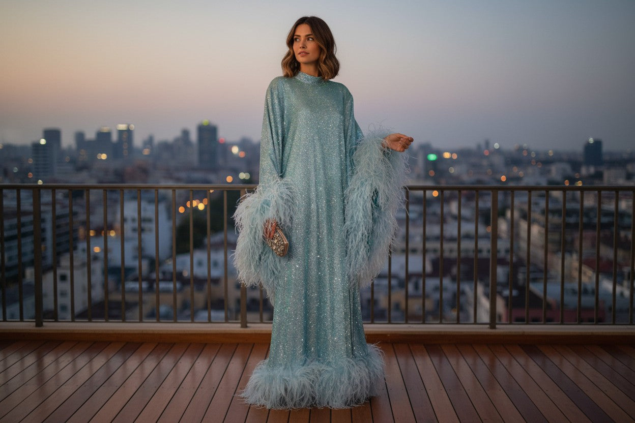 MARAYA Metallic Sparkle Bell Sleeve Feather Maxi Dress (Size 0 US. - 8 US.)